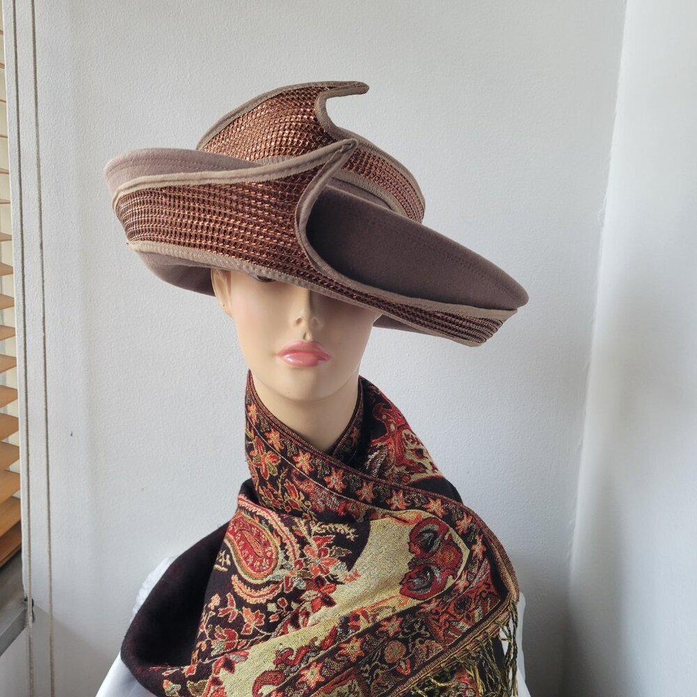 Sandra Bollman NY Neutral-Toned Tan Felt Mesh Fascinator Hat - Picture 7 of 14